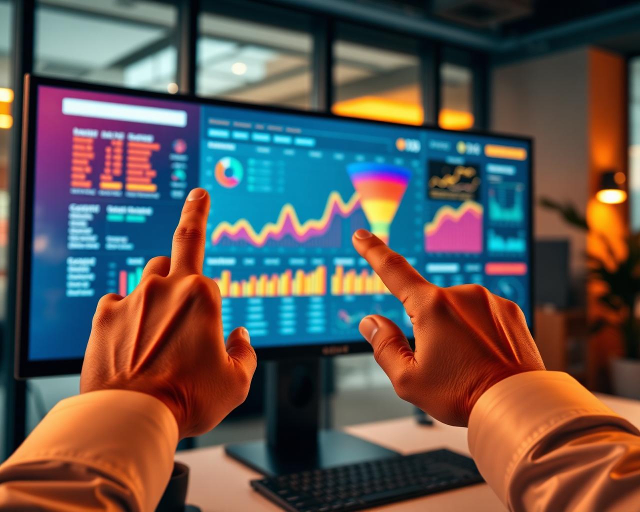 Analista apontando para dashboard de funil com gráficos coloridos